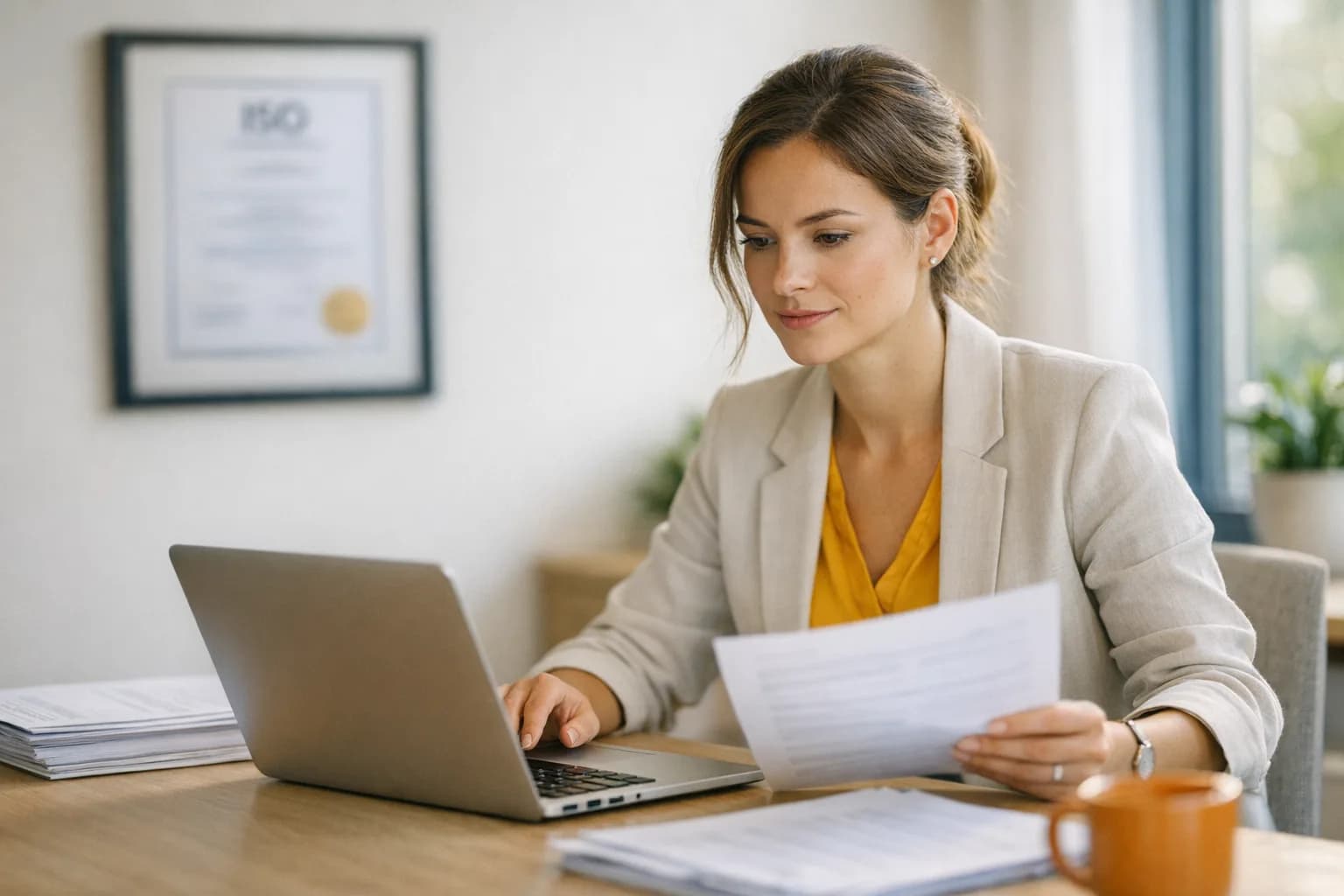 Quality and compliance specialist reviewing documentation next to a framed ISO certificate