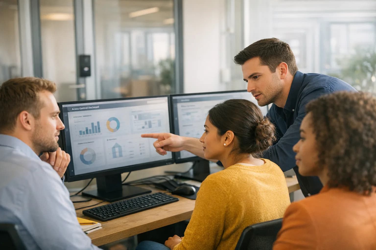 Information security team reviewing an access-control dashboard